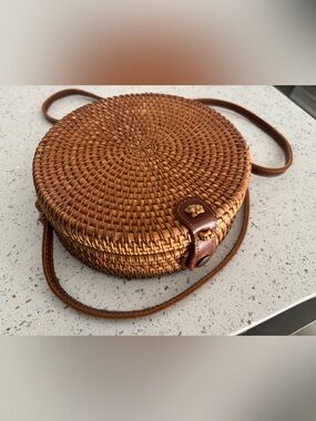 Woven Round Crossbody Bag in Cognac Brown with leather straps